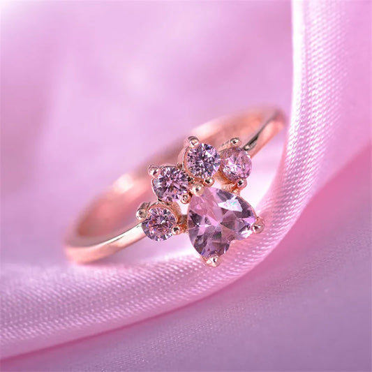 Cute Cat Paw Crystal Ring - Pink Zircon Engagement Ring for Women